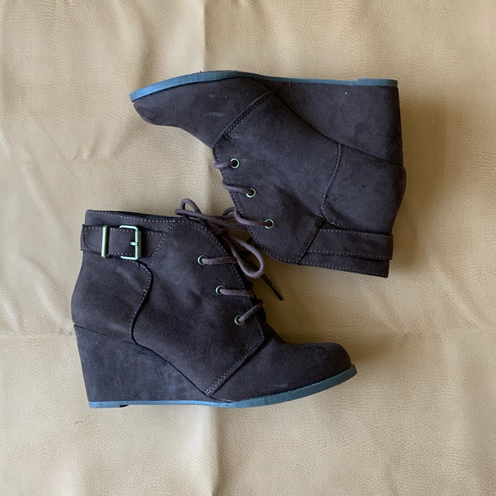 SO Brown Wedge Faux Suede Booties